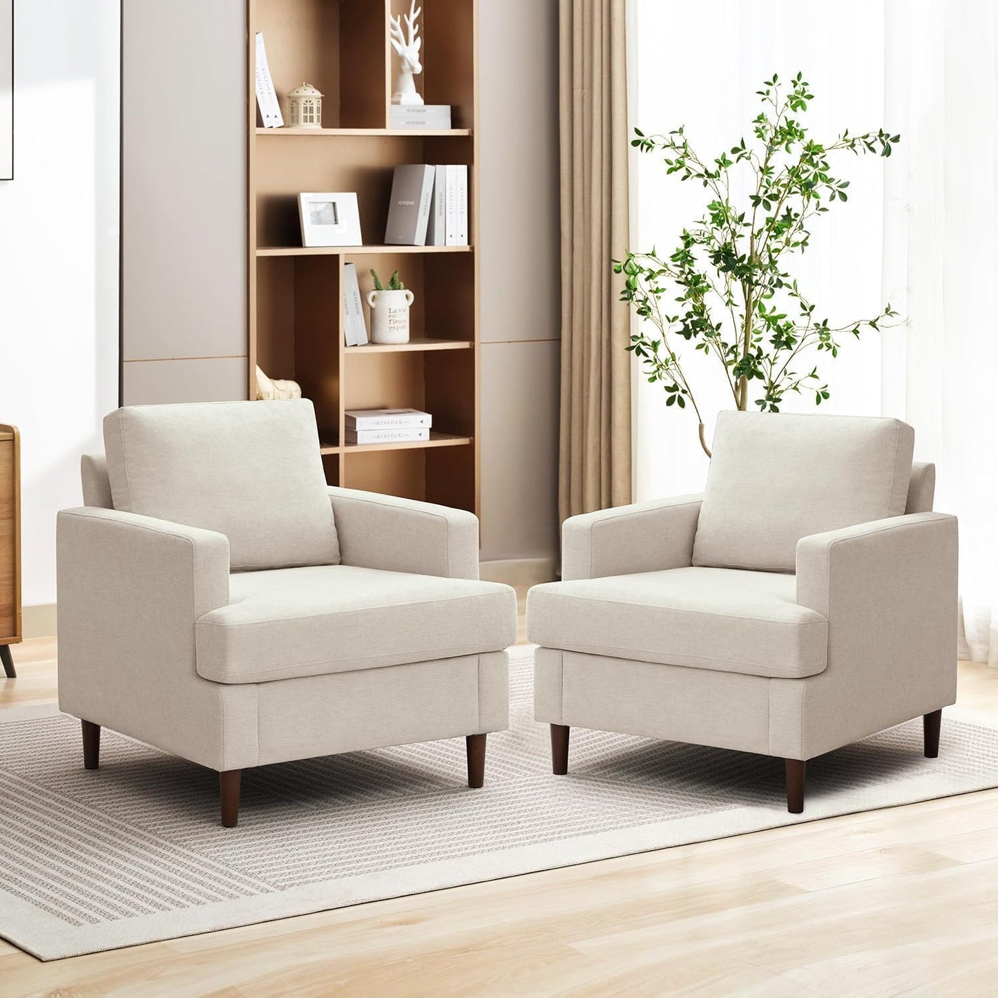 Mid-Century Accent Chair,Modern Linen Fabric Armchair for Living Room,Comfy Upholstered Reading