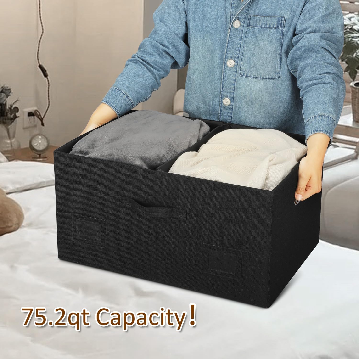 75 Quarts Extra Large Decorative Storage Bins with Lids, 1 Pack Black Collapsible Storage Bins with