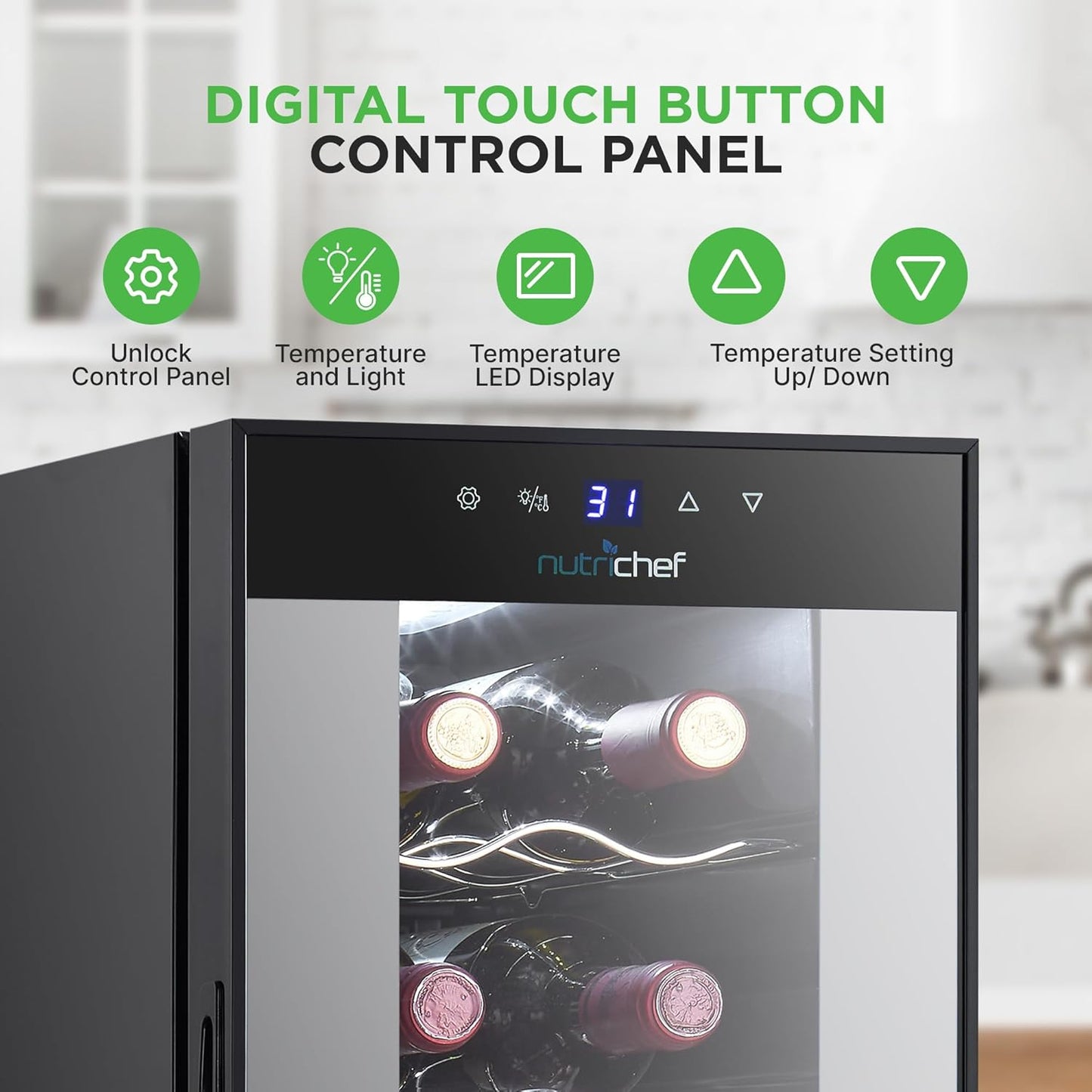 NutriChef Single-Zone Wine Cooler & Chiller – Digital Touch Control, Airtight Seal, 14-Bottle