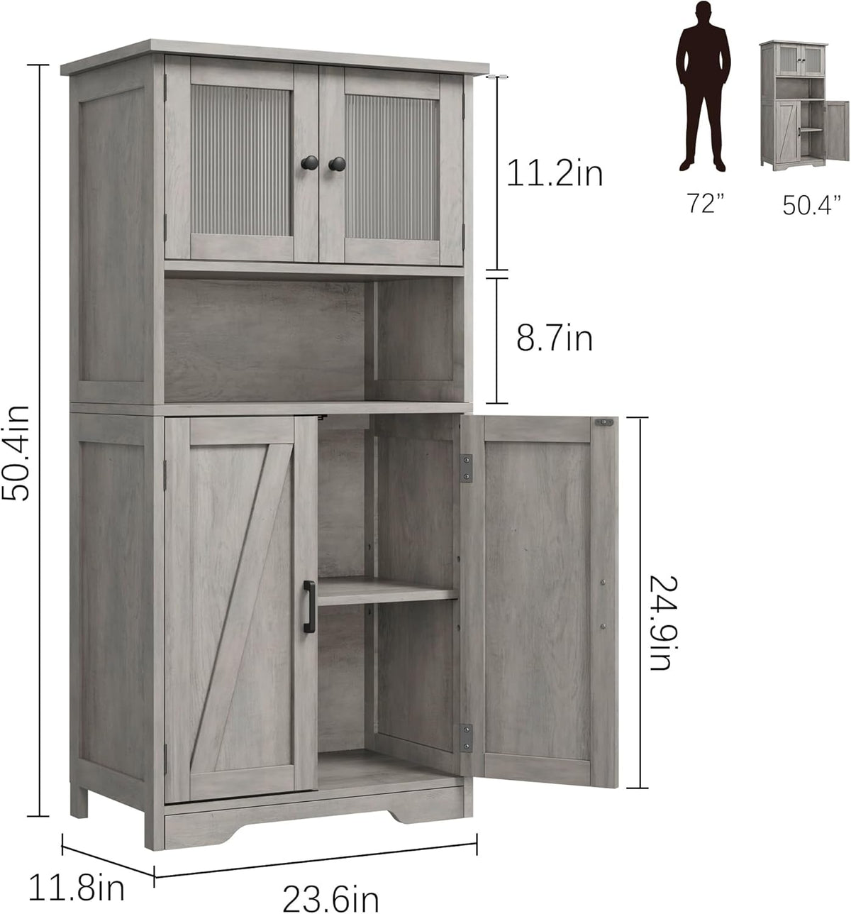 GarveeHome 54in Tall Bathroom Cabinet, Farmhouse Storage Cabinet with Glass Doors and Adjustable