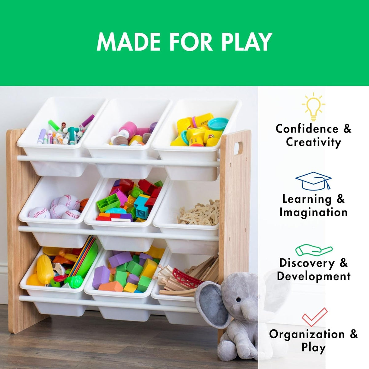 Humble Crew 9-Bin Toy Organizer – Journey Natural Wood with White Plastic Bins, 3-Tier Storage