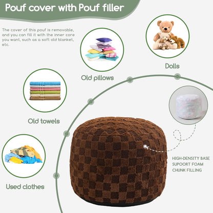 HIGOGOGO Round Stuffed Pouf Ottoman, Plaid Poufs with Foam Chunk Filling, Fluffy and Furry Pouf