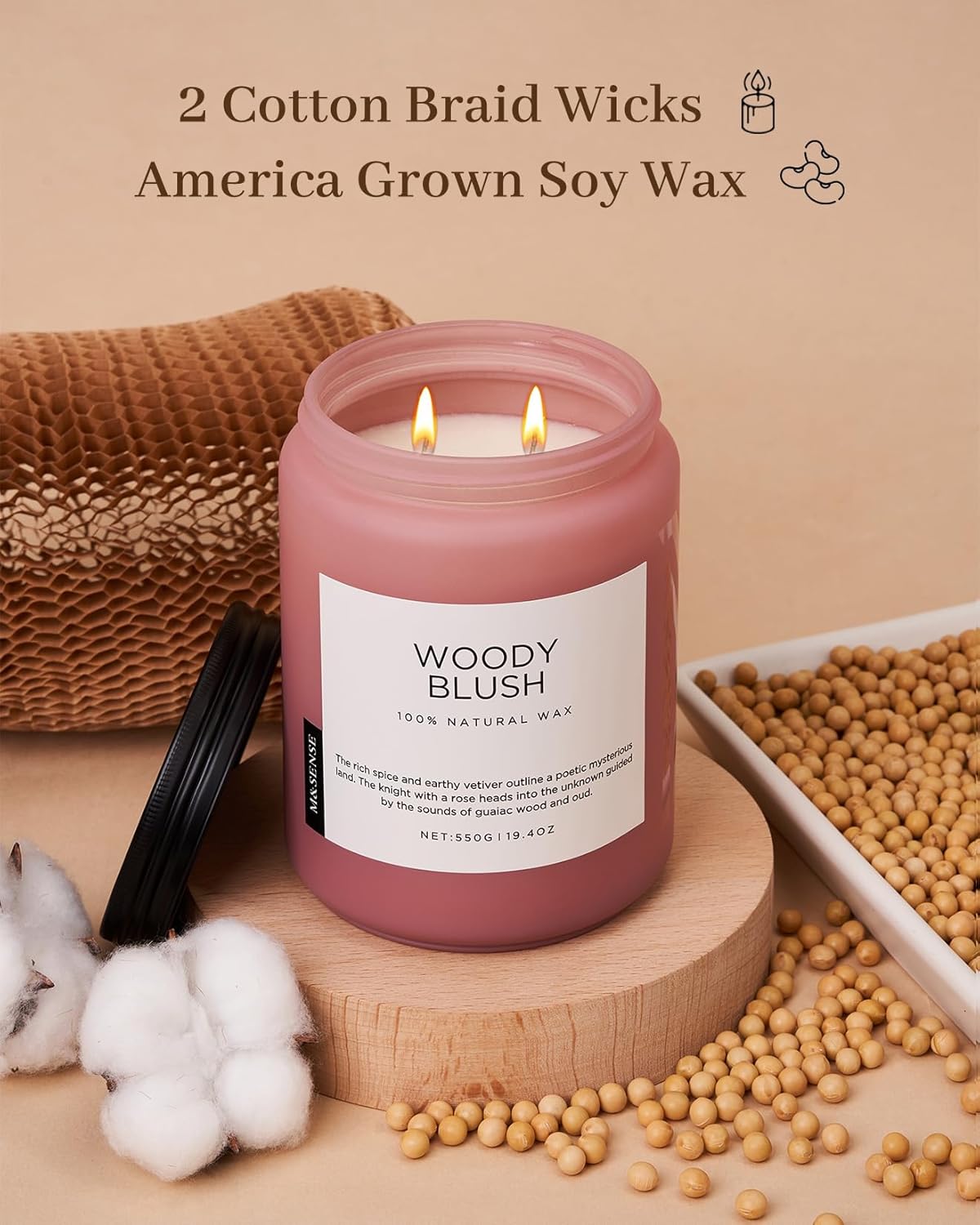 M&SENSE Rose Oud Wood Soy Candles 2 Wick, Large Scented Candles 19.4oz 110 Hour Long Lasting Burn