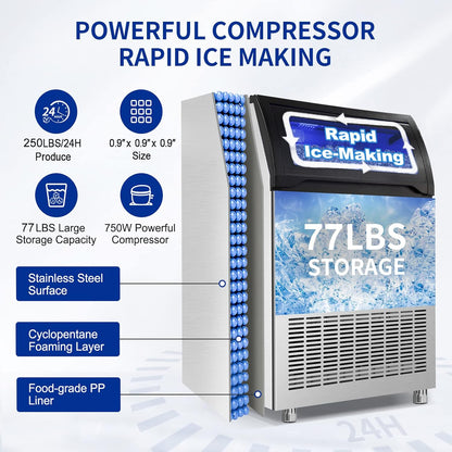 Commercial Ice Maker 250Lbs/24H Under Counter Ice Machine with 77Lbs Storage Bin, 90 Ice Cubes in