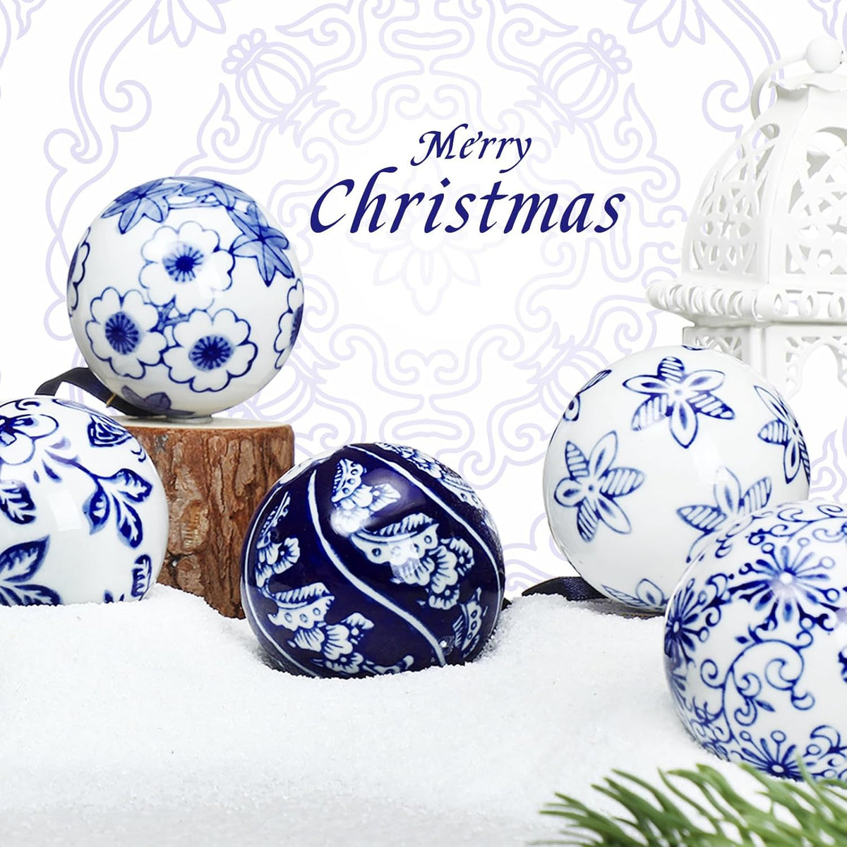 Cindeer 6 Pcs Blue and White Christmas Porcelain Balls 2.4 Inch Porcelain Chinoiserie Ornament Bulk