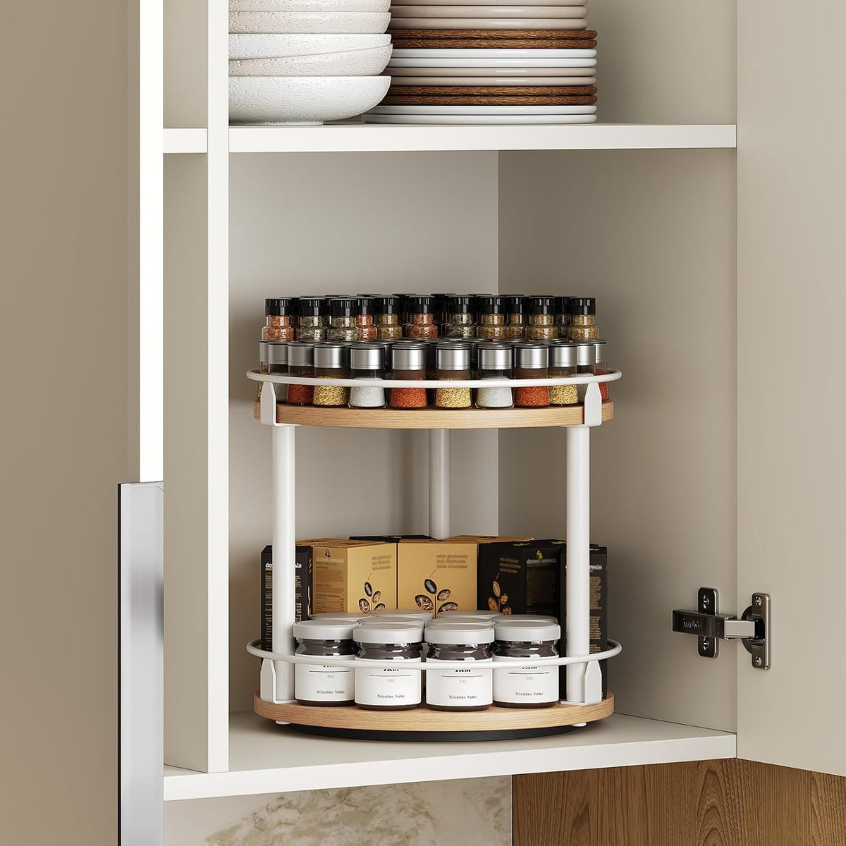 Lazy Susan Organizer, Rotating Spice Rack, 2 Tier Spice Turntable Organizer, Industrial Turntable