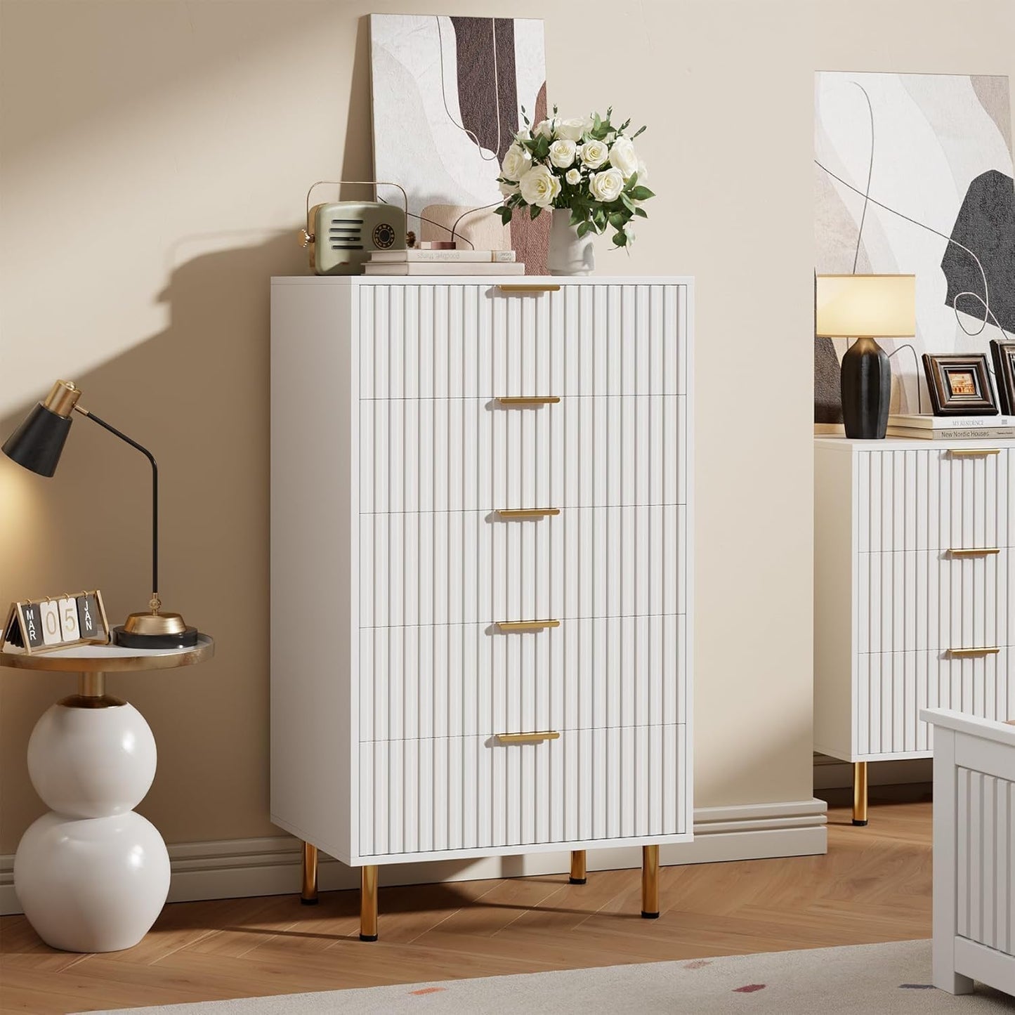 GarveeHome Fluted 5 Drawer Dresser for Bedroom, 47.2" Tall Modern Chest of Drawers with Deep