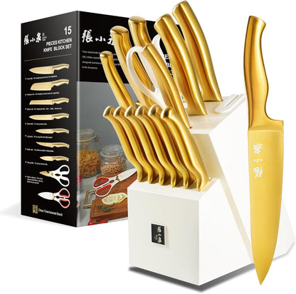 ZHANG XIAO QUAN SINCE 1628 15Pcs Knife Sets with Block, 50Cr15MoV Stainless Steel kitchen knife set