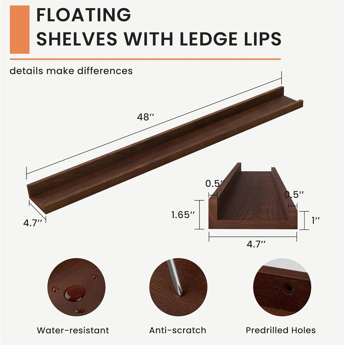 Solid Ash Wood Floating Shelves, Wood Picture Ledge Shelf Set of 2, 48 Inch Long Large Photo Ledge