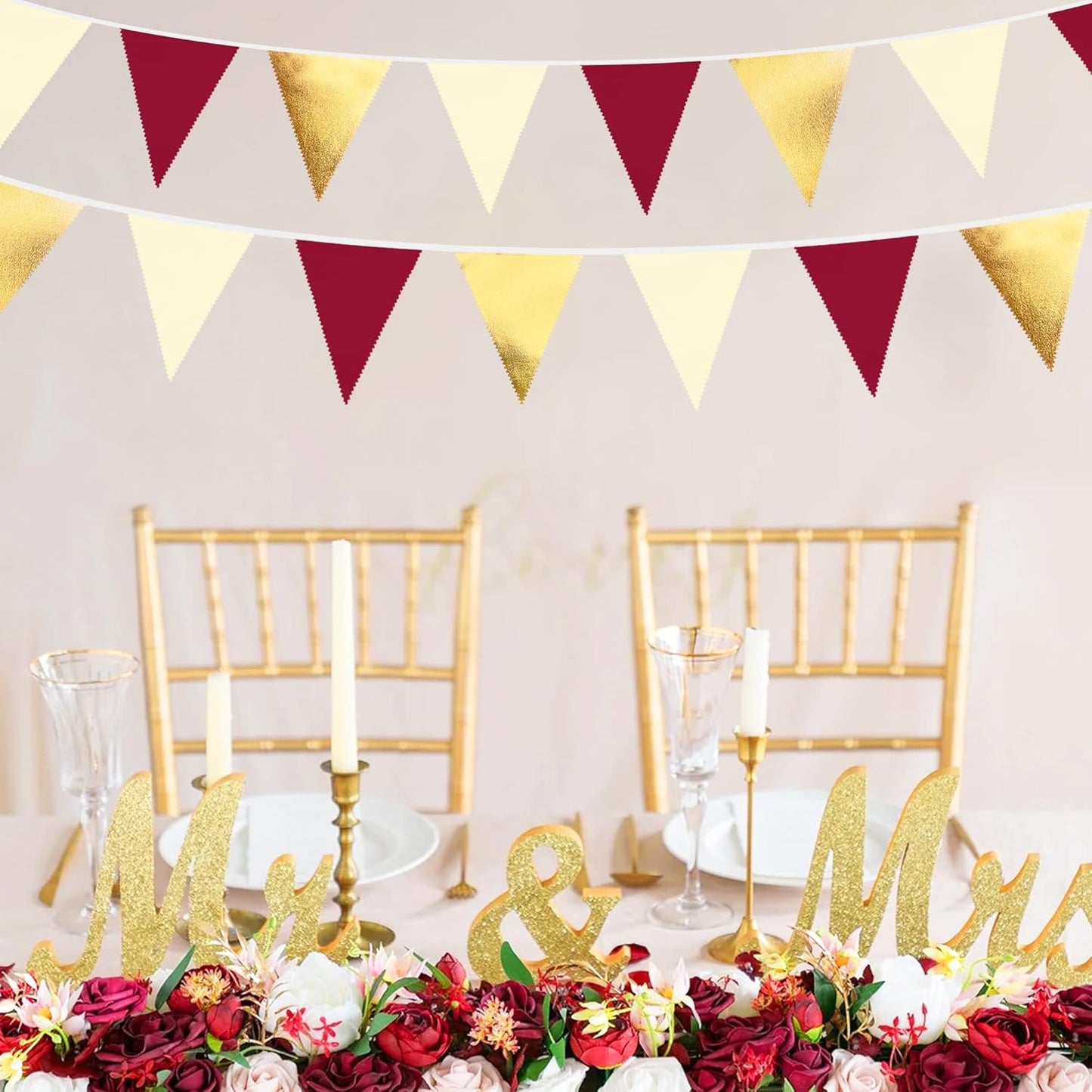 Burgundy Party Decorations Gold Maroon Beige Fabric Triangle Pennant Banner Garnet Flag Bunting