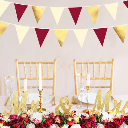 Burgundy Party Decorations Gold Maroon Beige Fabric Triangle Pennant Banner Garnet Flag Bunting