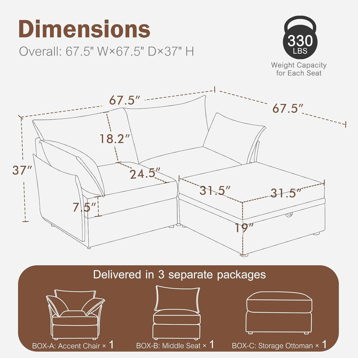 Luxury Modular Sectional Sofa, L-Shaped 3-Seat Couch with Storage Ottoman Deep Seat & Reversible