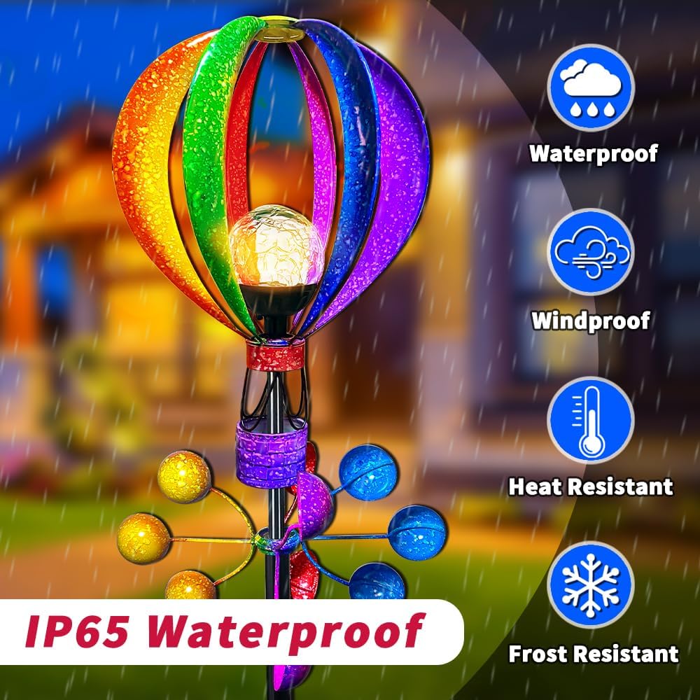 Solar Wind Spinner Outdoor - Hot Air Balloon Wind Spinners, Metal Garden Decor with LED Lights