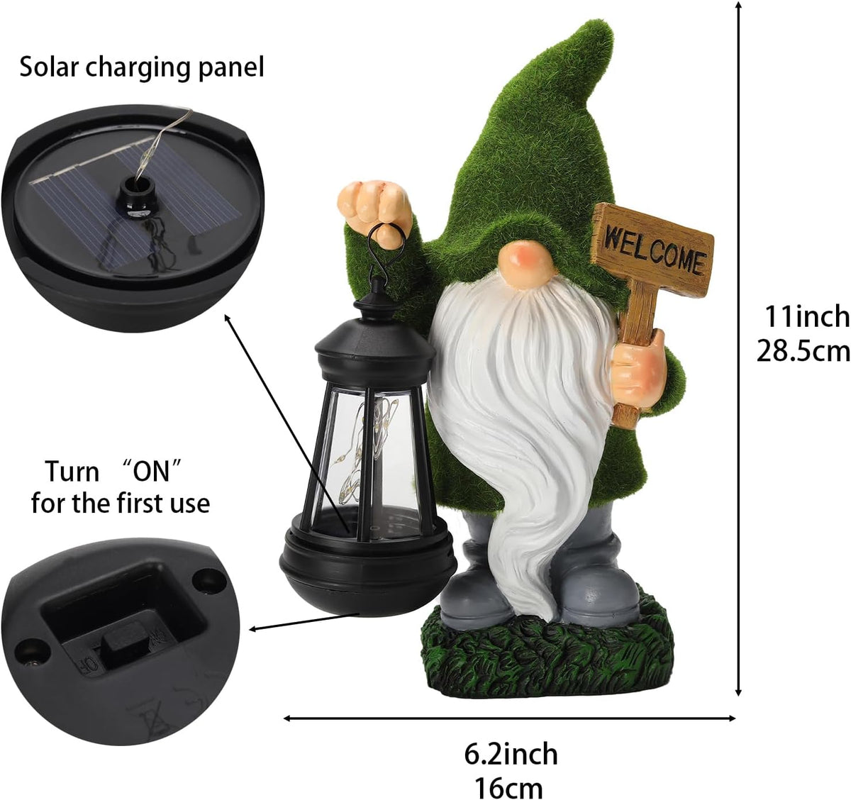 Garden Gnome Statue Solar Light Outdoor Decorations Figurine Welcome Sign with Lantern Sculpture