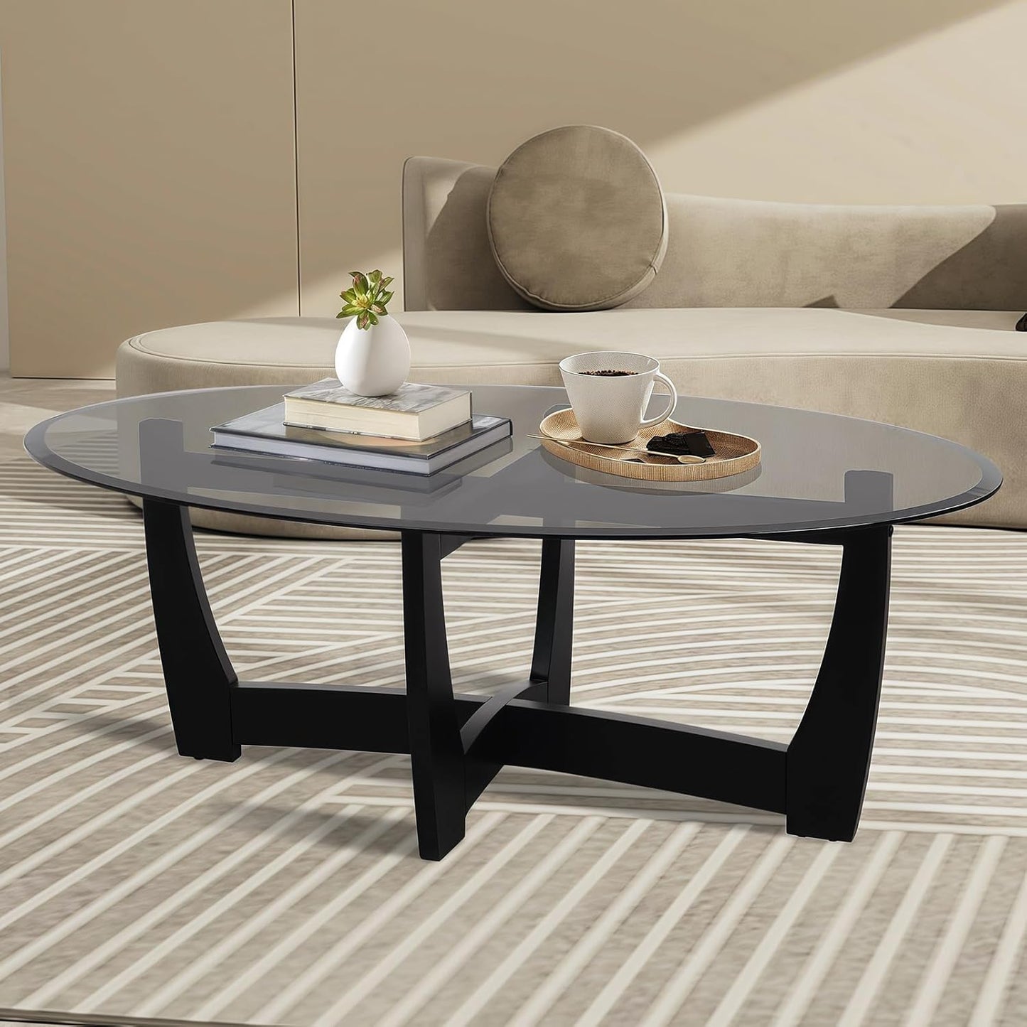 48" Oval Glass Coffee Table with Black Tempered Glass Top Cross and Solid Wood Base Simple & Modern