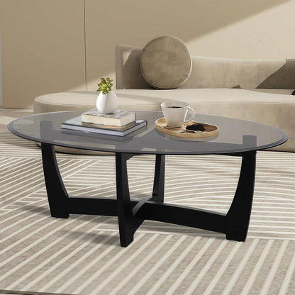 48" Oval Glass Coffee Table with Black Tempered Glass Top Cross and Solid Wood Base Simple & Modern