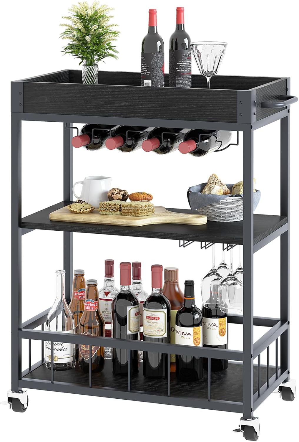 Bar Cart Serving Wine 3 Tier Home Rolling Rack with Wheels Mobile Kitchen Industrial Vintage Style