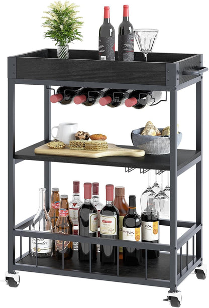 Bar Cart Serving Wine 3 Tier Home Rolling Rack with Wheels Mobile Kitchen Industrial Vintage Style