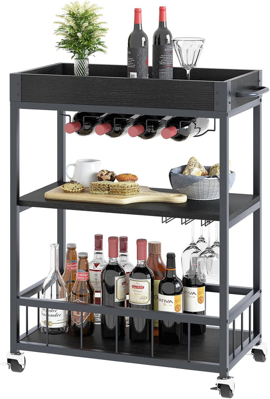 Bar Cart Serving Wine 3 Tier Home Rolling Rack with Wheels Mobile Kitchen Industrial Vintage Style