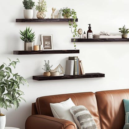 Floating Wall Shelves 4-Pack - Rustic Black 16-inch Wooden Wall Shelves for Storage and Décor