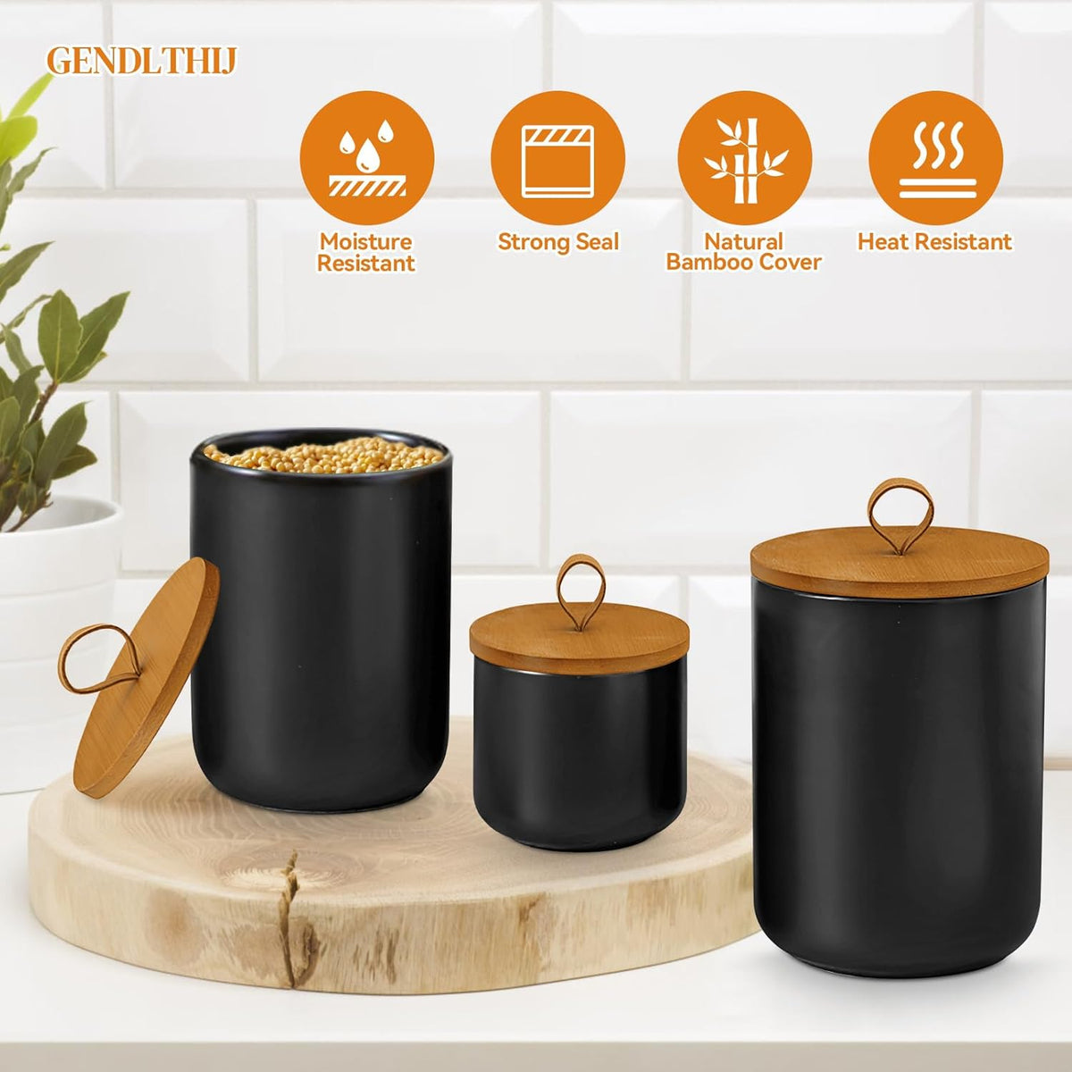 Canister Sets for Kitchen,Ceramic Kitchen Canisters for Countertop with Airtight Wood Lids for