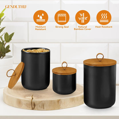 Canister Sets for Kitchen,Ceramic Kitchen Canisters for Countertop with Airtight Wood Lids for