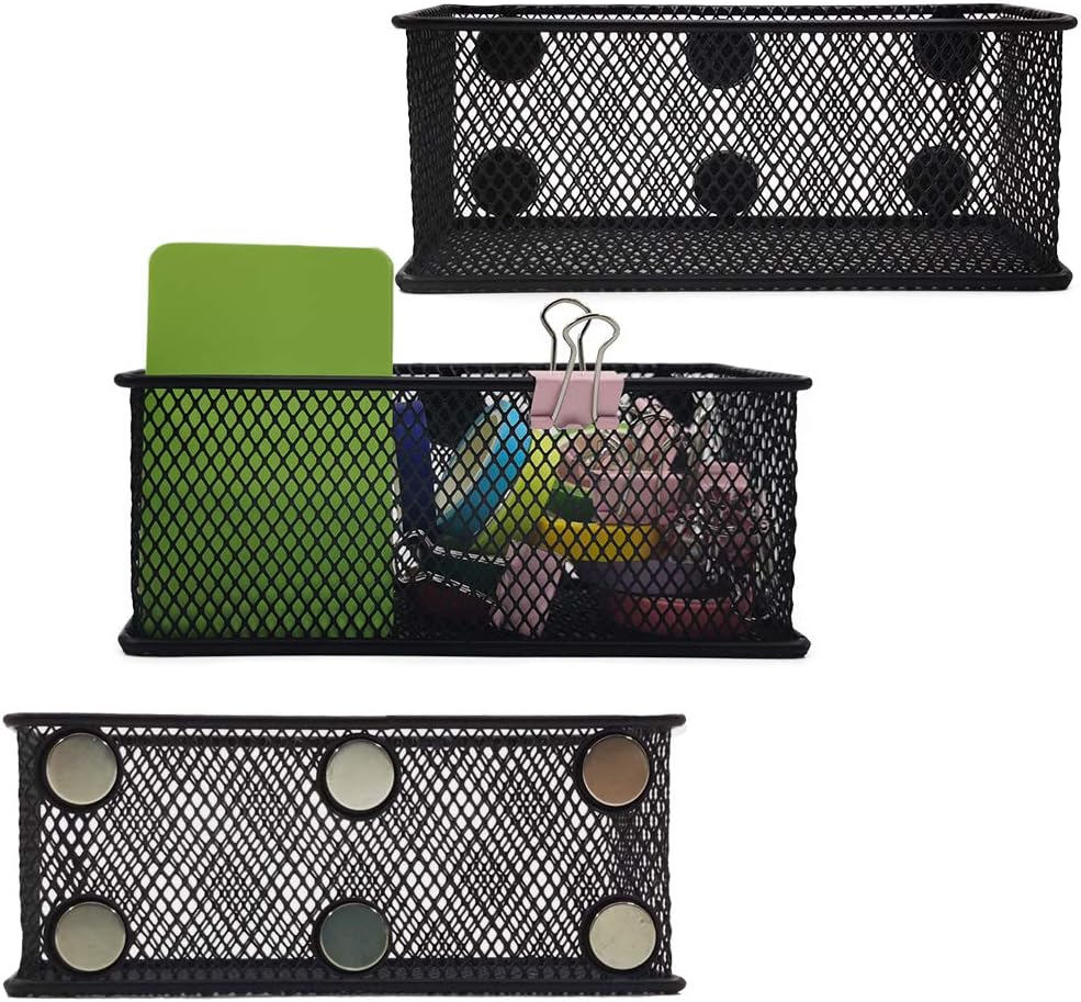 EASEPRES Magnetic Pencil Holder Set of 3 - Black Wire Mesh Storage Baskets Organizer with Strong