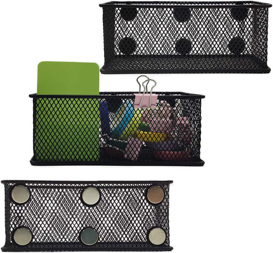 EASEPRES Magnetic Pencil Holder Set of 3 - Black Wire Mesh Storage Baskets Organizer with Strong