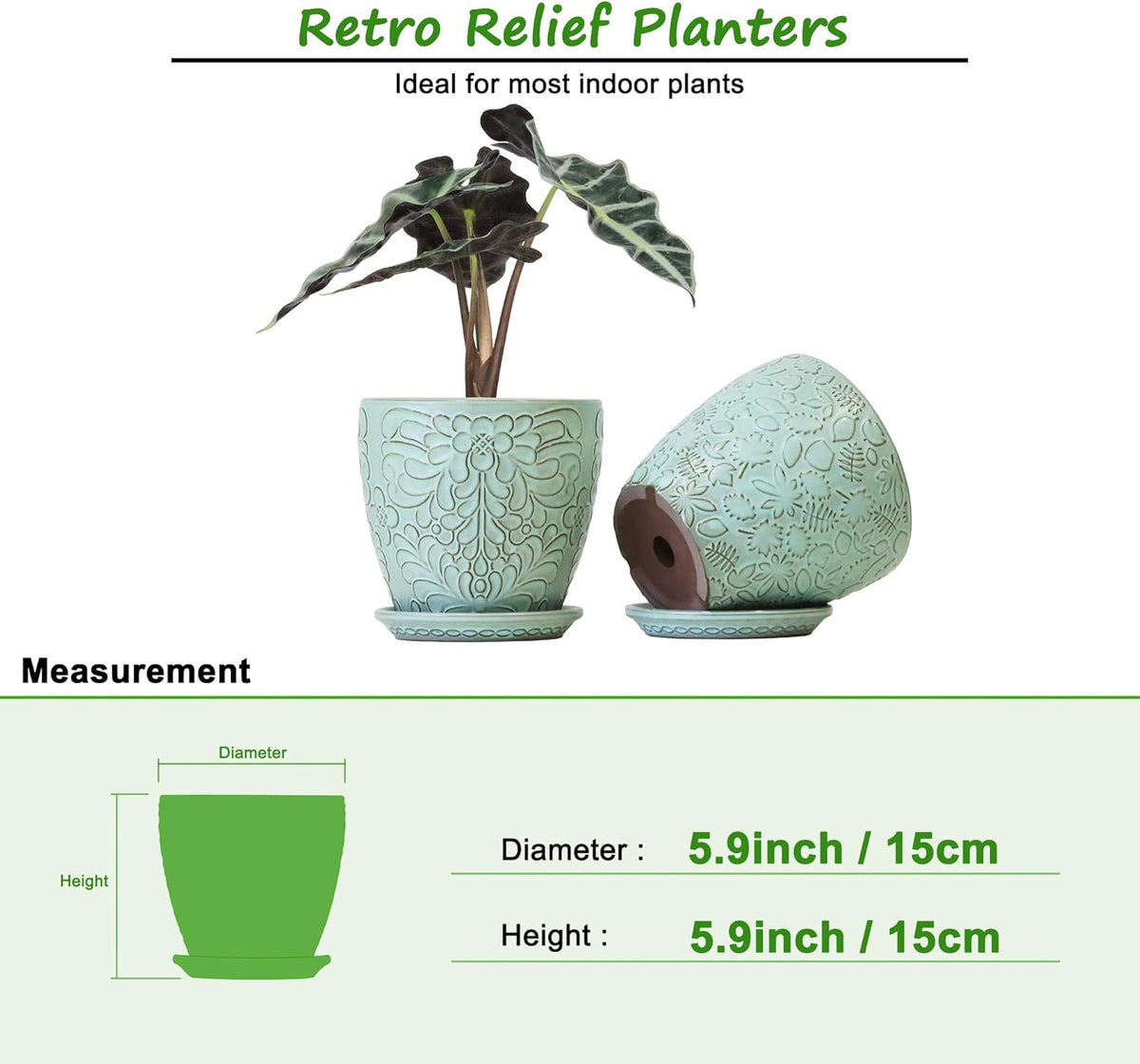 6 Inch Retro Ceramic Planter Set of 2 with Drainage Hole and Saucer for Plants, Indoor-Outdoor
