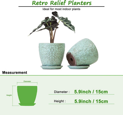 6 Inch Retro Ceramic Planter Set of 2 with Drainage Hole and Saucer for Plants, Indoor-Outdoor