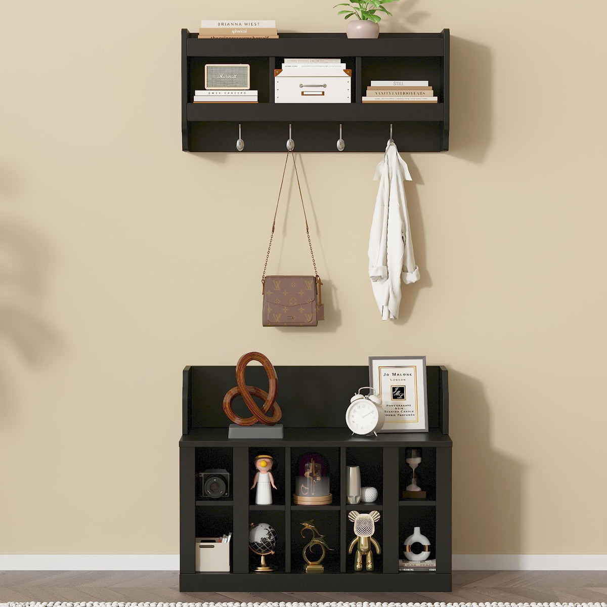 Shoe Storage Bench with Shelves and 4 Hooks, Entryway Hall Tree with Shoe Cabinets with Coat Rack