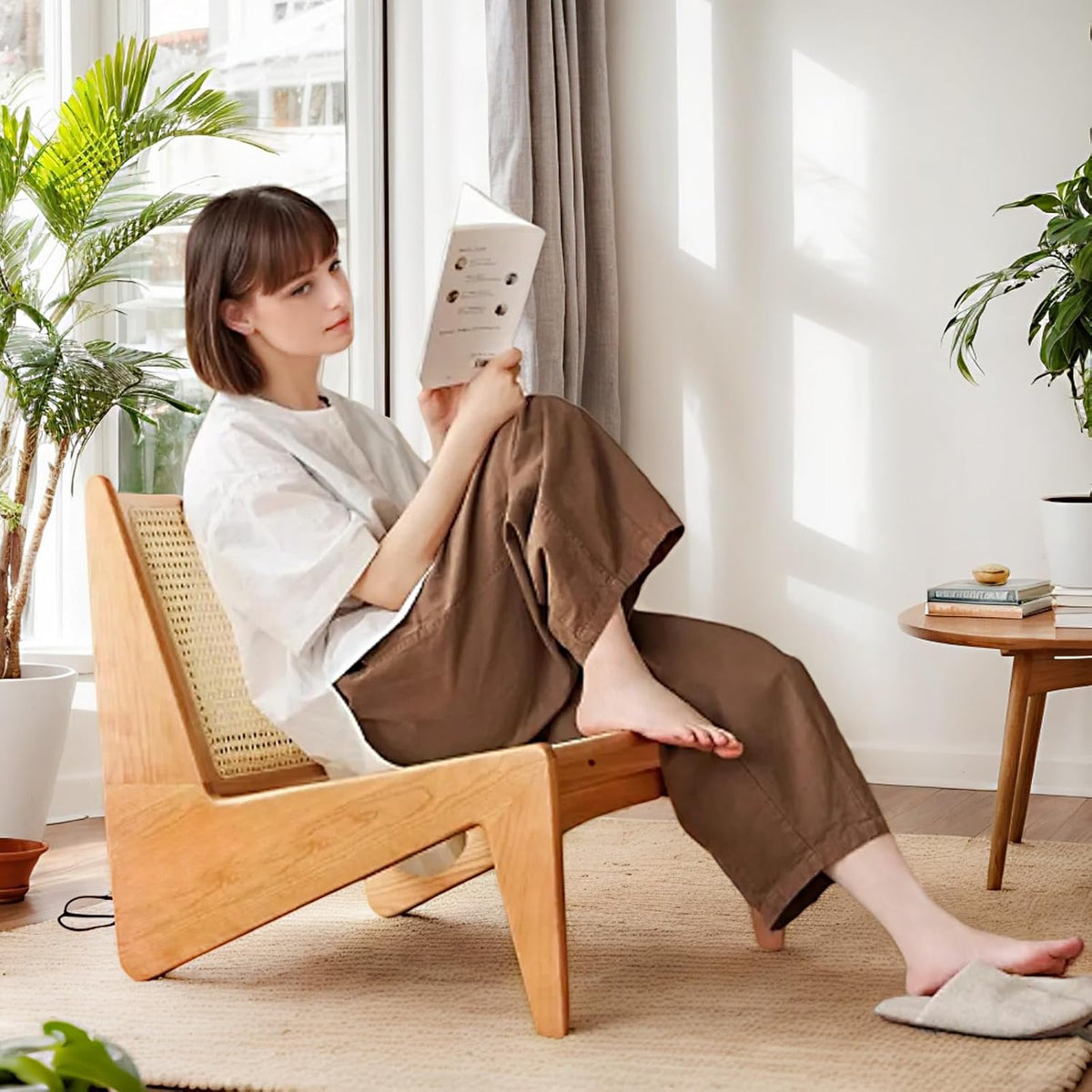 Rattan Accent Chair for Living Room, Mid Century Side Chair, Comfy Bamboo Chairs for Bedroom