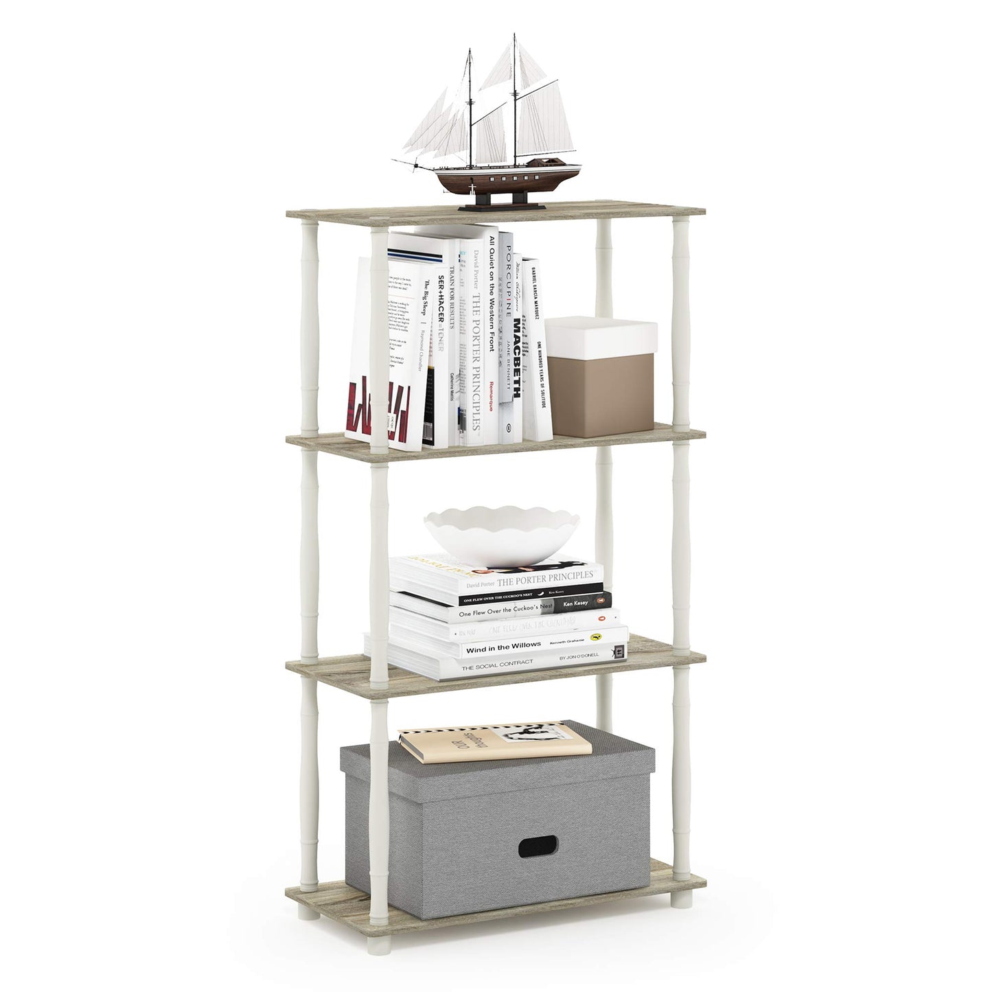 Furinno Turn-N-Tube 4-Tier Multipurpose Shelf Display Rack, Classic Tubes, Sonoma Oak/White