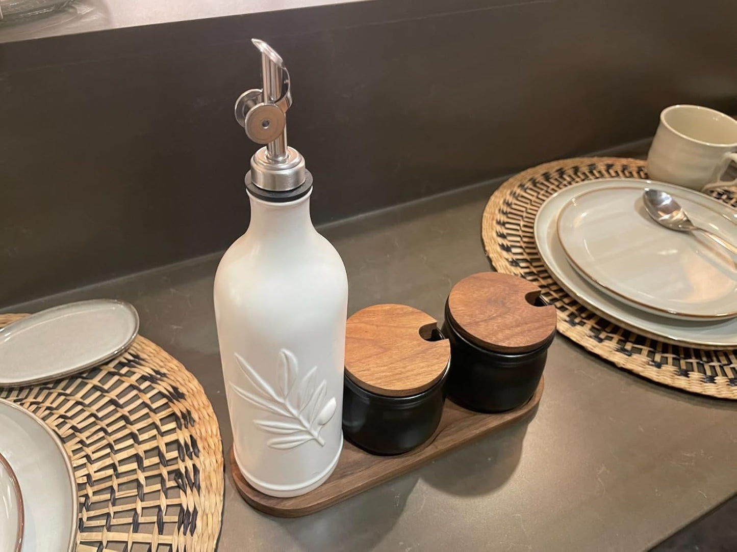20 Oz Ceramic Olive Oil Dispenser Bottle, with Stainless Steel Spout & Funnel, Ideal for Oil