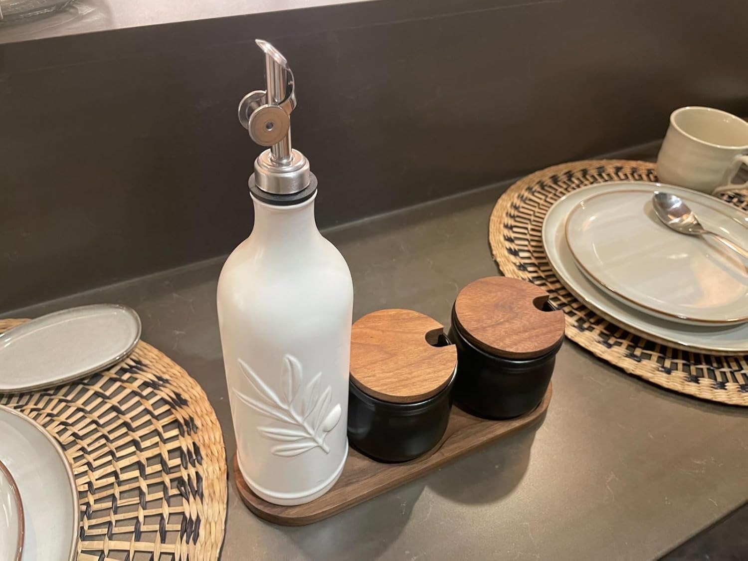 20 Oz Ceramic Olive Oil Dispenser Bottle, with Stainless Steel Spout & Funnel, Ideal for Oil