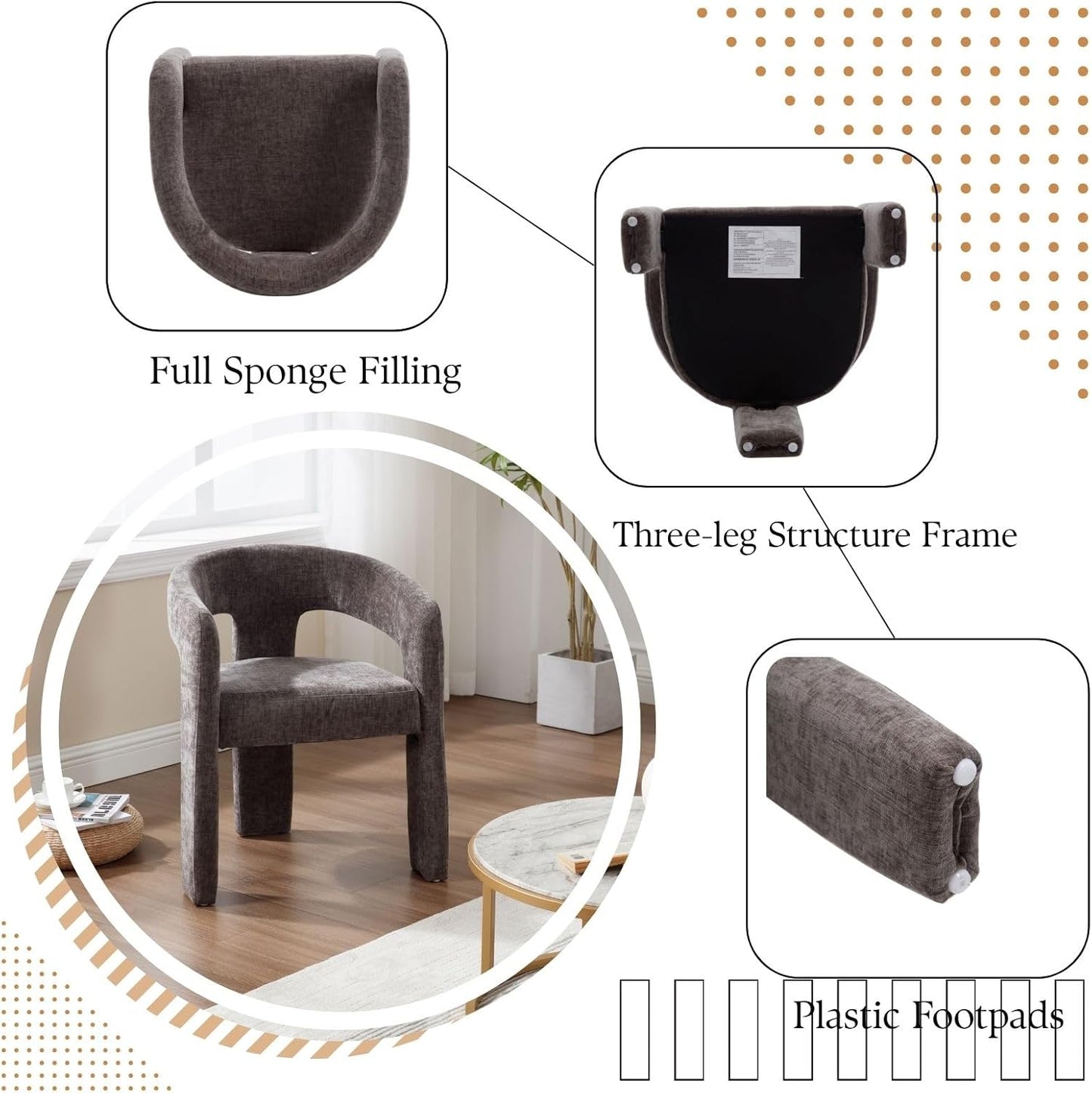 Charcoal Grey Chenille Dining Chairs Set of 4, Modern Barrel Dining Room Chairs Upholstered Accent