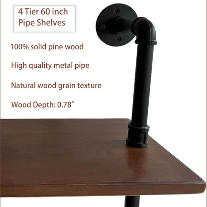 Industrial Pipe Wall Shelves Pipe Shelving with Real Wood Plank,60 Inches Floating Shelves for Wall