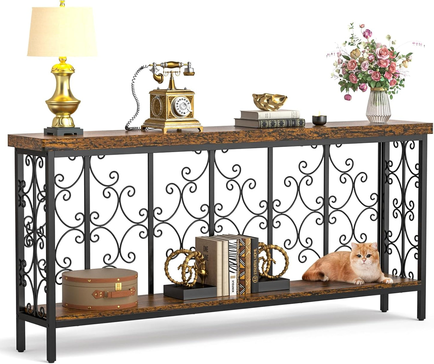 ikkle 70.9" Extra Long Console Table, Industrial Narrow Sofa Table Behind Couch with 2 Tier Storage