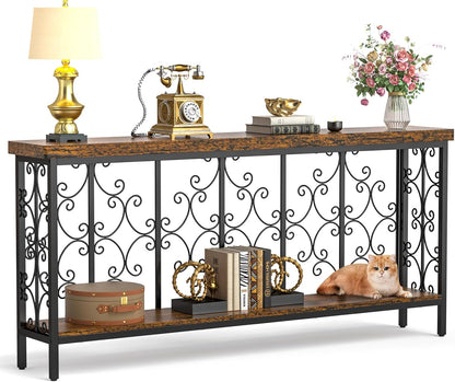 ikkle 70.9" Extra Long Console Table, Industrial Narrow Sofa Table Behind Couch with 2 Tier Storage