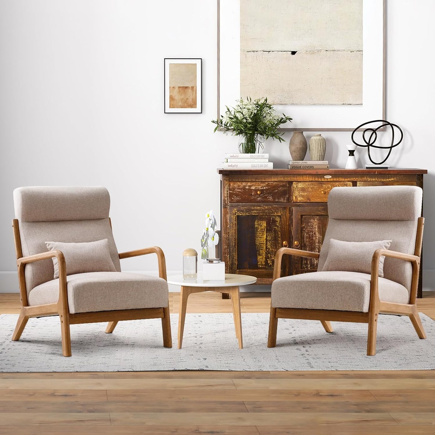 INZOY Mid Century Modern Accent Chair Set of 2, High Back Reading Armchair with Wood Frame