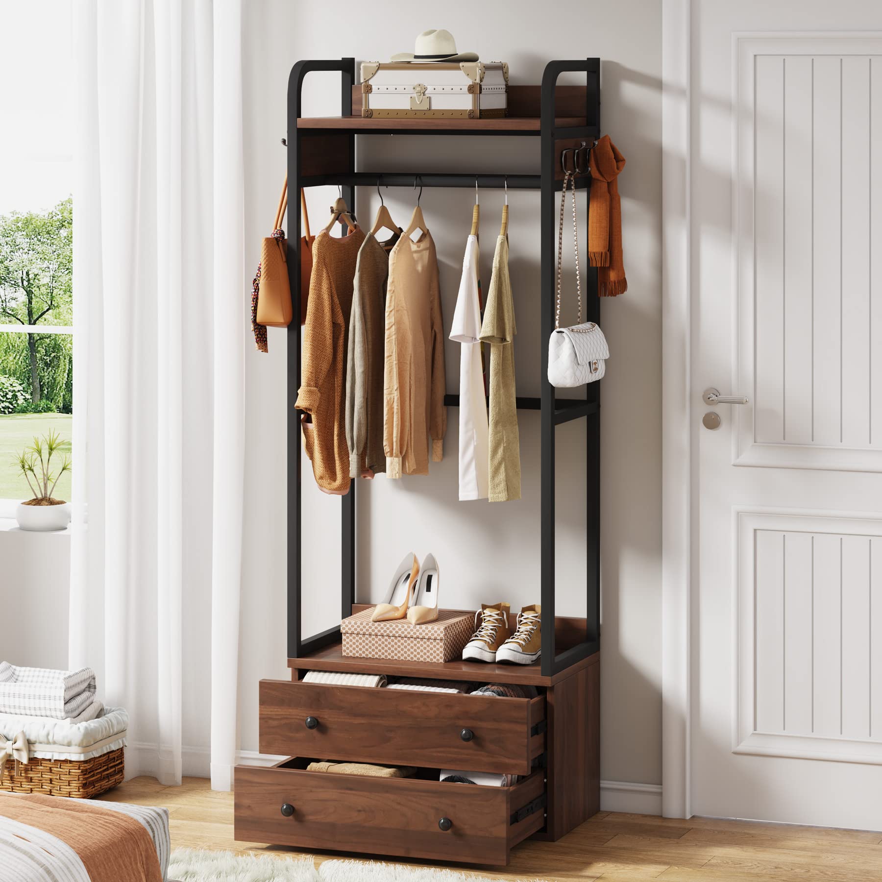 Tribesigns Freestanding Closet Organizer Small Clothes Rack Coat Rack with Drawers and Shelves