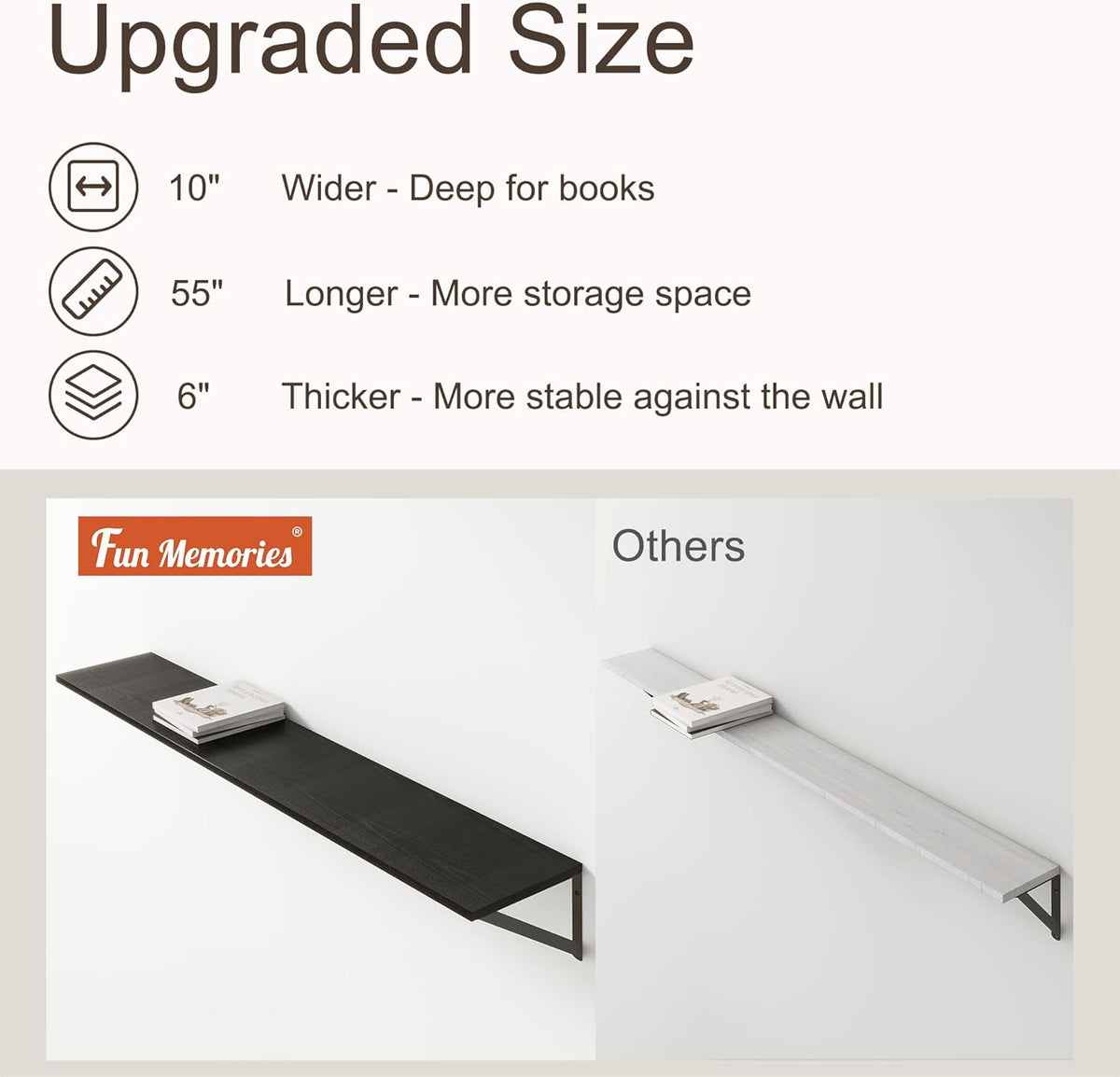 Floating Shelves 55 Inch Long, 10" Deep Floating Shelves, Black Wall Shelves 55 x 10, Set of 2