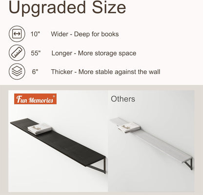 Floating Shelves 55 Inch Long, 10" Deep Floating Shelves, Black Wall Shelves 55 x 10, Set of 2