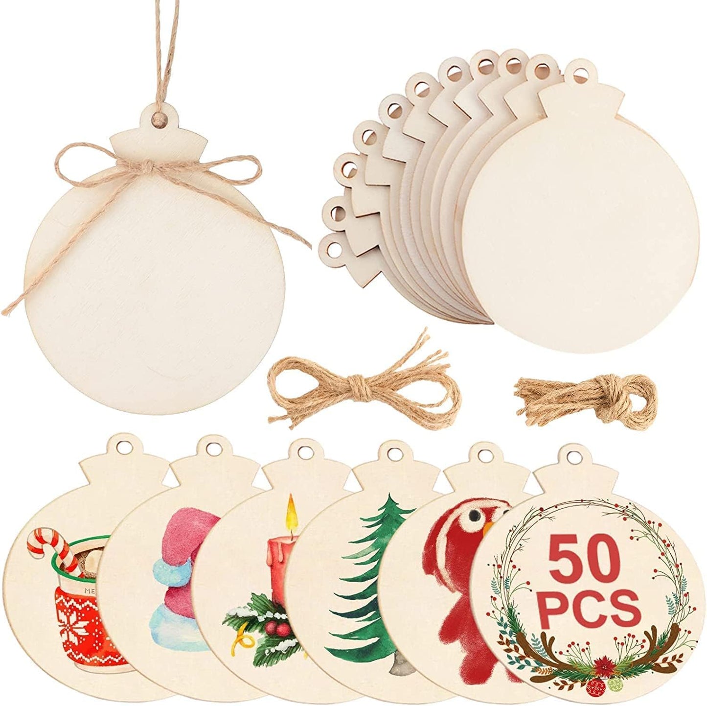 OurWarm 50pcs DIY Wooden Christmas Ornaments for Crafts, 4" Blank Wood Ornaments to Paint, Natural