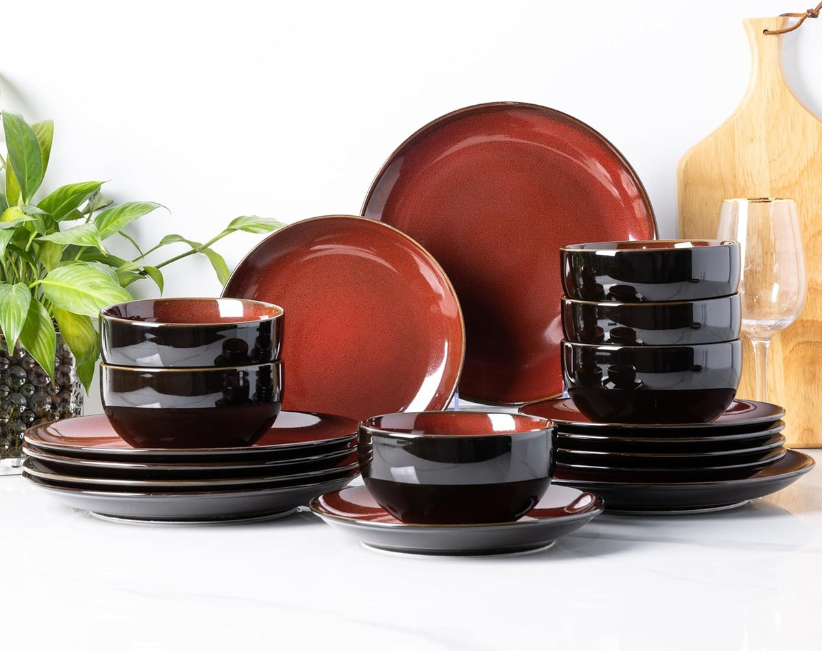 LeRatio Ceramic Dinnerware Sets for 6,Stoneware Plates and Bowls Sets,Handmade Reactive Glaze