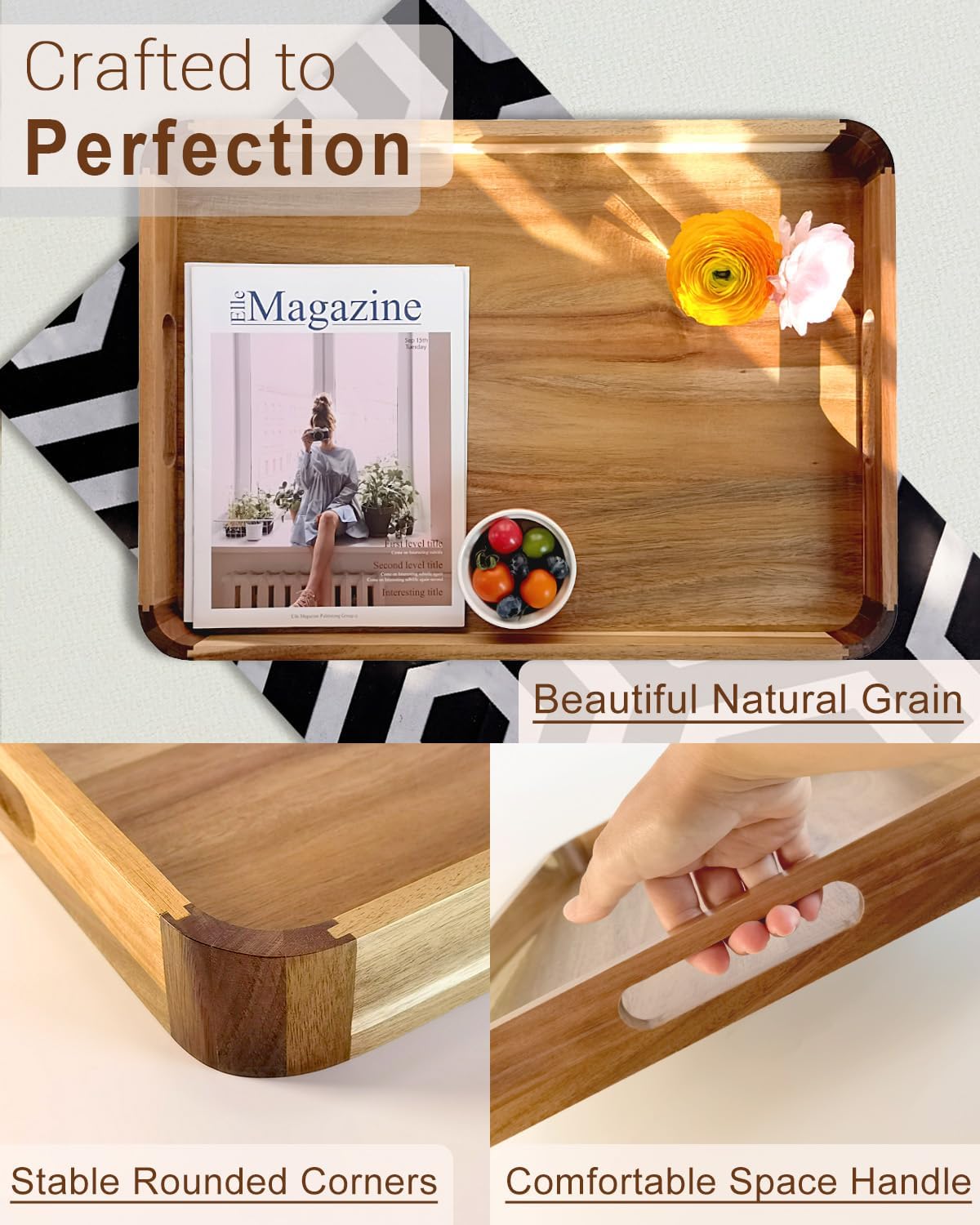 22 Inches Acacia Wood Serving Tray with Handles, Large Wooden Rectangle Ottoman Tray, Nice Home