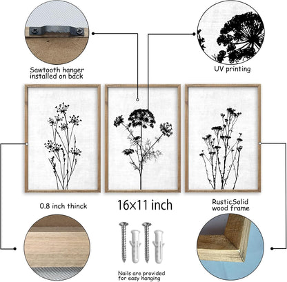 Flower Plant Wall Art Decor 16"x11" Set of 3 Black And White Botanical Painting Wood Framed For