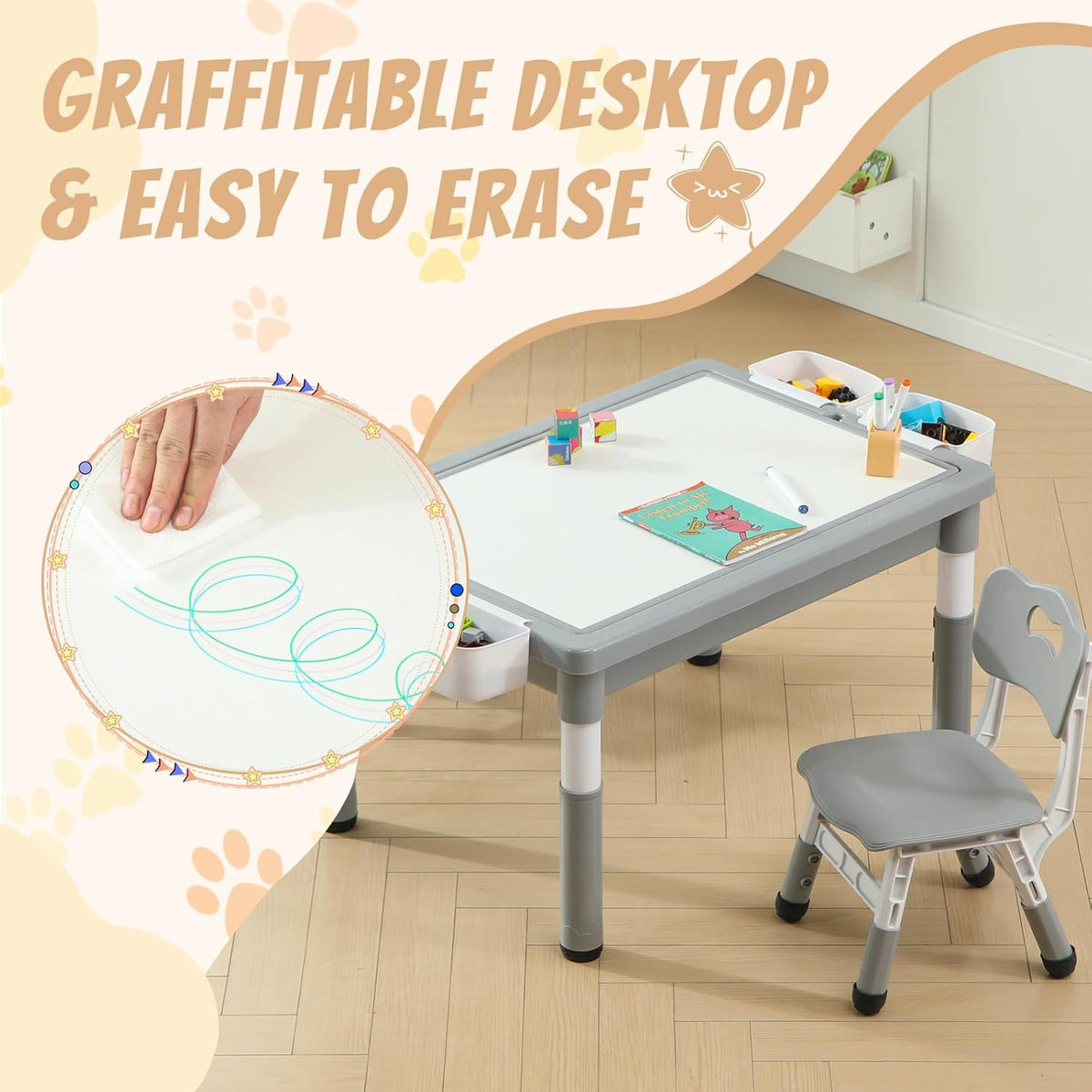 Multi Functional Kids Table and 2 Chairs Set, Graffiti & Building Blocks Double-Sided Tabletop