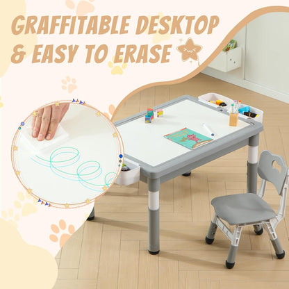 Multi Functional Kids Table and 2 Chairs Set, Graffiti & Building Blocks Double-Sided Tabletop
