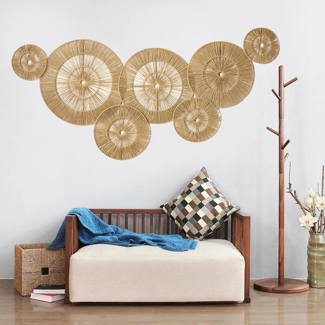 Mokof 7 Pack Boho Wall Decor Round Baskets Set (Small 7" to Largest 17") - Handwoven Large Wall